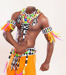 Headless shirtless muscle man in party costume