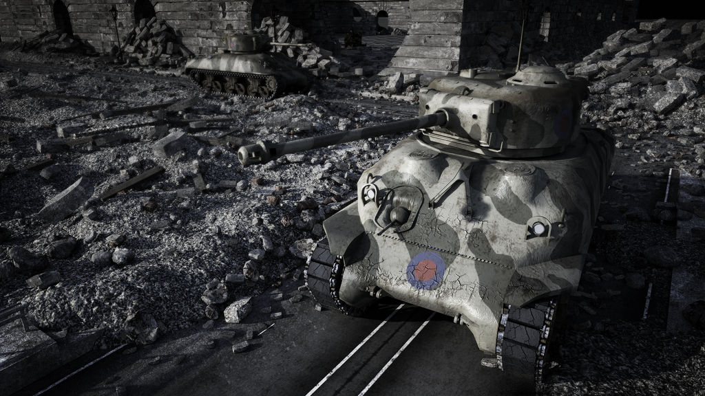 UK sherman in ruined town by ke8c9