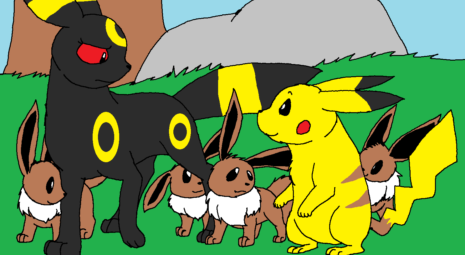 Mother Umbreon and 4 Kits Meet Pikachu