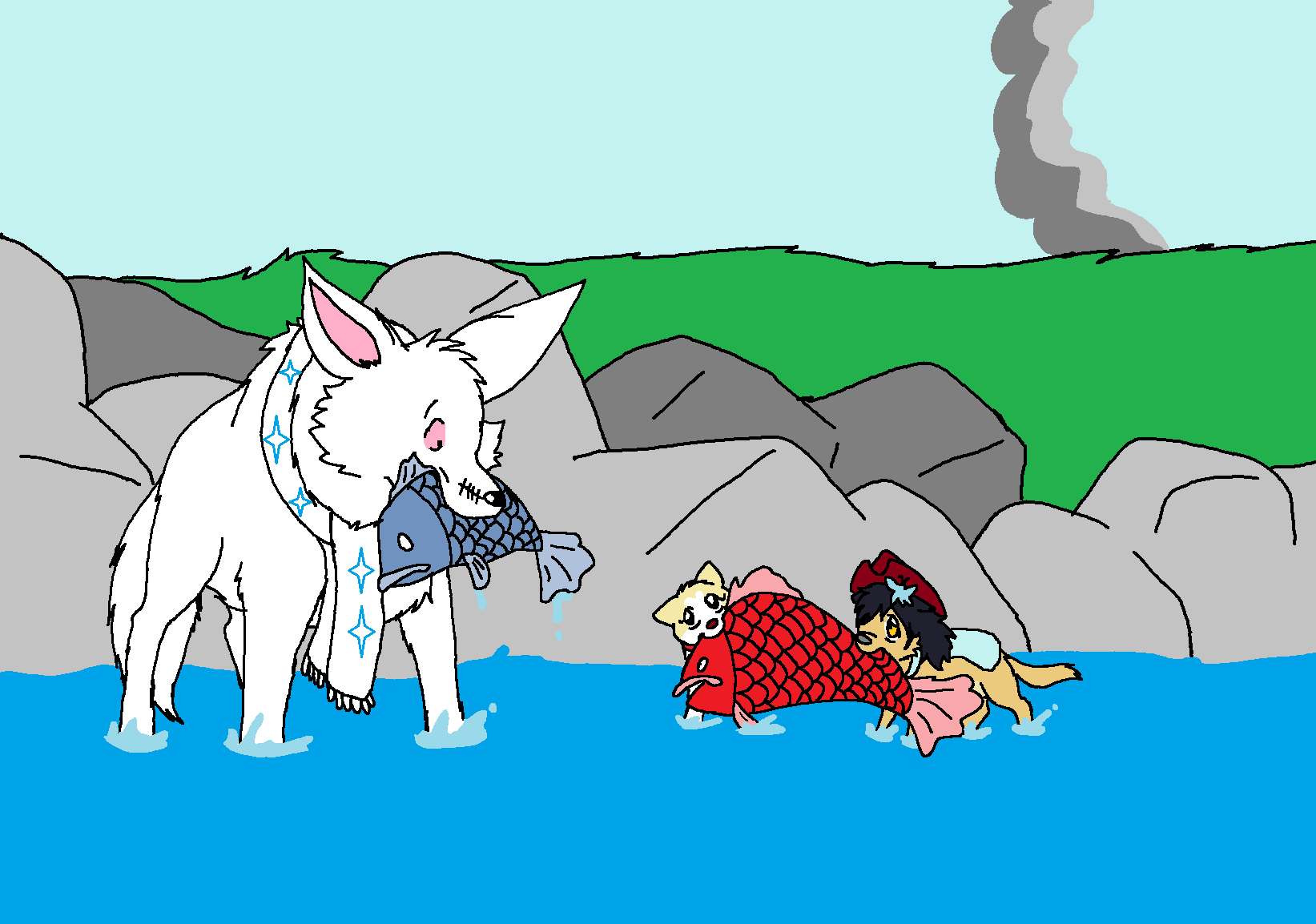 Blizzard, Aika, and Kumi Fishing