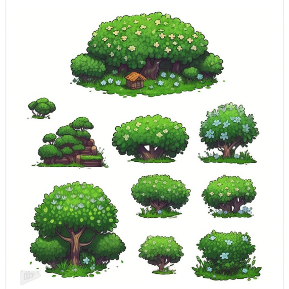 Conjunto de ícones de pixel art de diferentes árvores coleção de