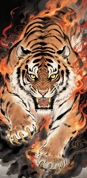 Chinese ink wash art style, a ferocious tiger