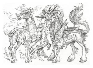 Horse-Dragon Family (line art)