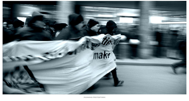 running protesters