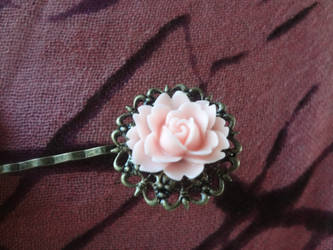 Antique Brass Filigree Hair Pin with Pink Rose