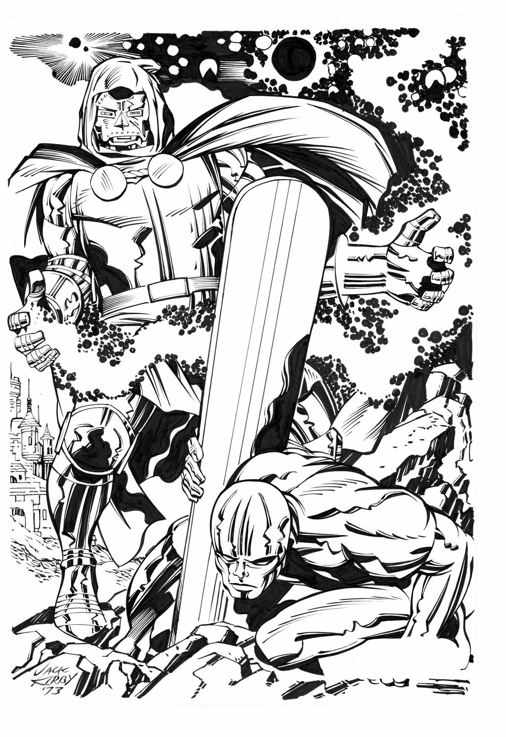 Dr Doom vs Silver Surfer by Kirby inks by Curiel