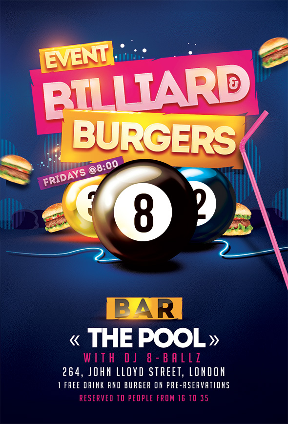 Игра флаер. Флаер игры. Billiard Club Flyer. Pool Burgers.