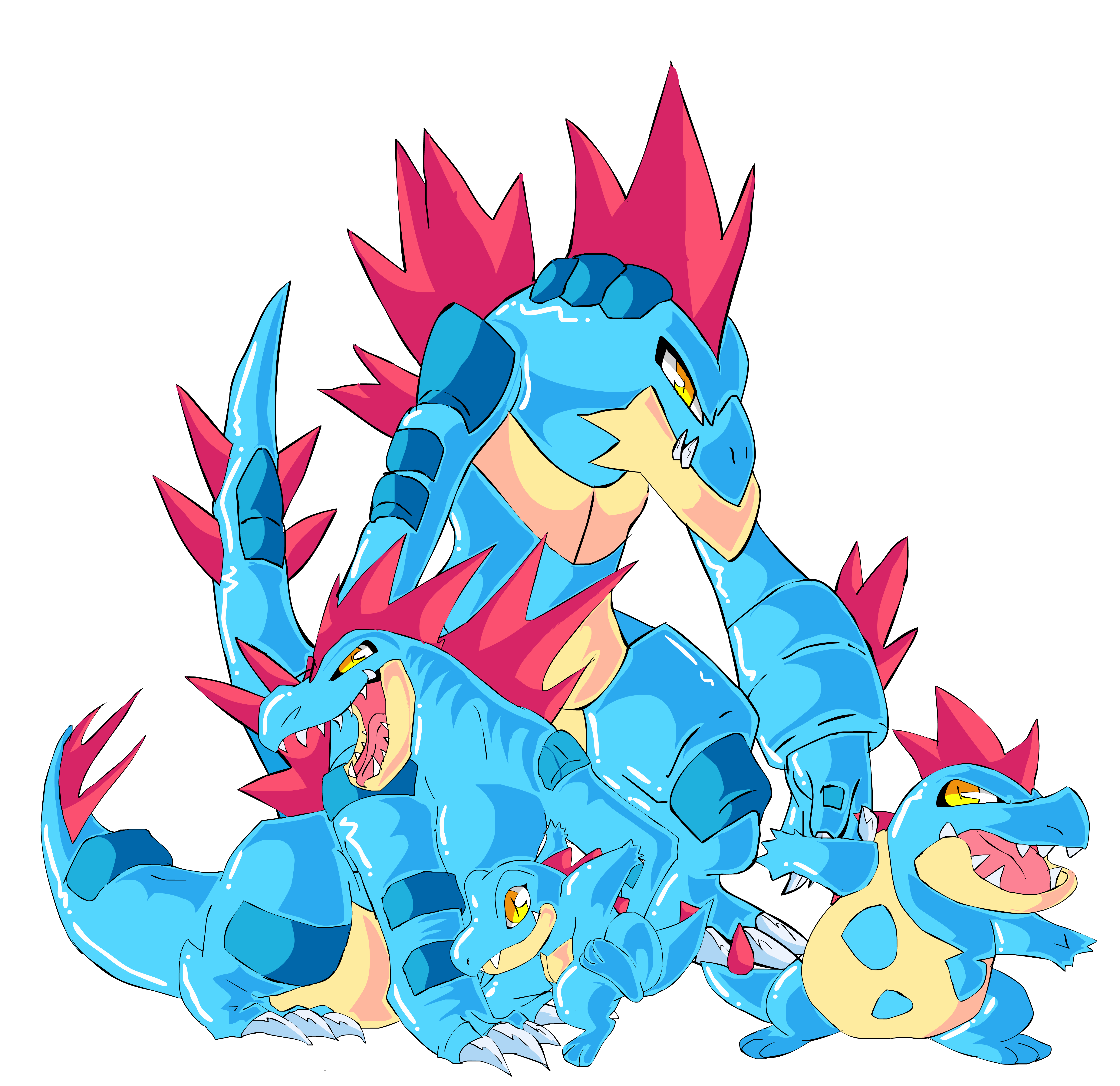 Totodile, Croconaw, Feraligatr and Mega Feraligatr