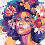 woman with afro hair and flowers
