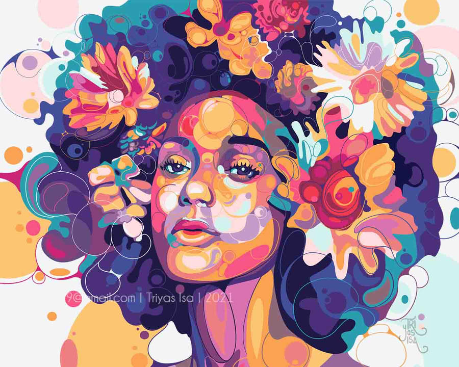 woman with afro hair and flowers