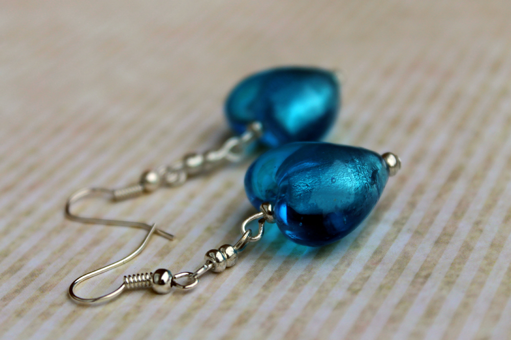 Handmade Blue Glass Foil Heart Earrings