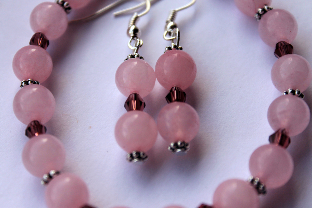 Rose Quartz Beaded Bracelet And Earrings Set