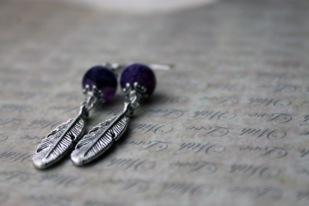 Purple and Silver Feather Dangle Earrings