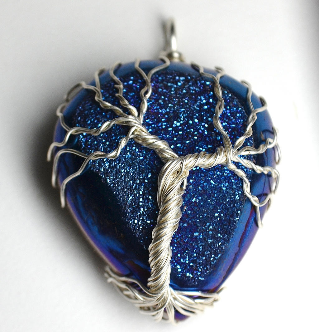 Blue Druzy Agate Wire Wrapped Tree of Life Pendant