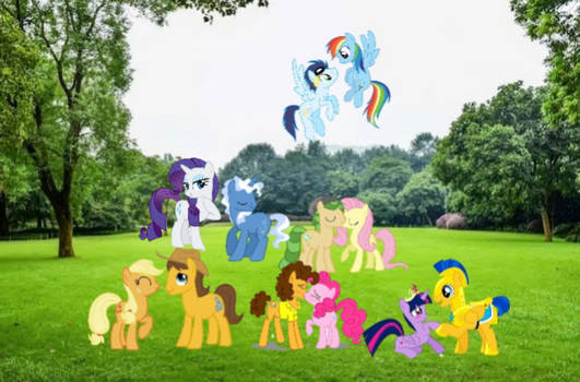 Mane 6 and they're colt friends in the park 