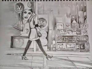 Girl walking past shop window