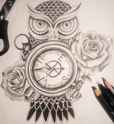 Owl Compass Tattoo Design