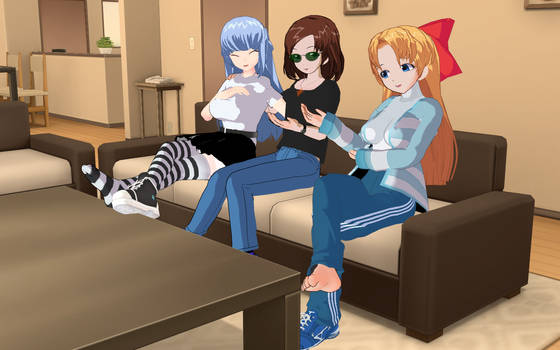 Friends enjoying anime.