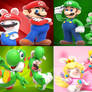 Mario, Luigi, Yoshi And Peach With The Rabbids