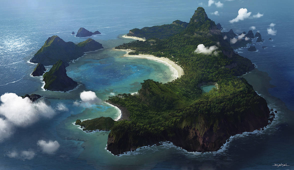 Океан и два острова. Остров Монурики Фиджи. Остров Грин Айленд вид сверху. Фантастический остров. Остров арт.