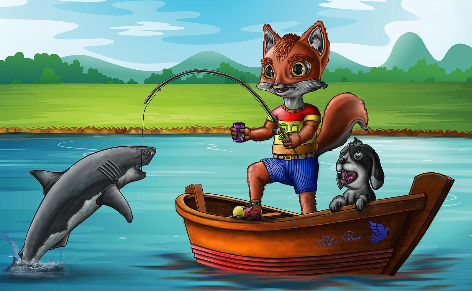 A Toon Fox fishing with his dog caught a shark by sgrixti on DeviantArt