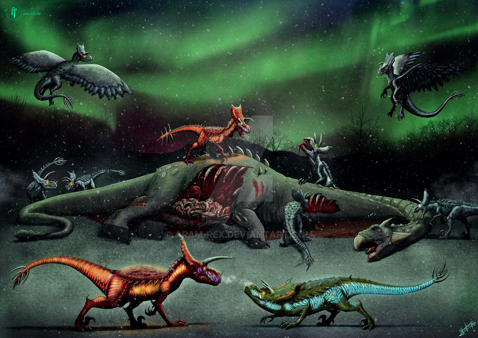 Omega Raptor Omegaraptor pack feasting on an Ankylodocus by Aram-Rex on DeviantArt