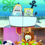 Spongebob and Mrs puff are about crash into 2 bots