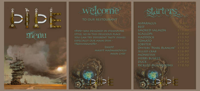 Menu for steampunk cafe PIPE