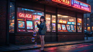 Blowing Neon Bubbles Outside the Midnight Arcade