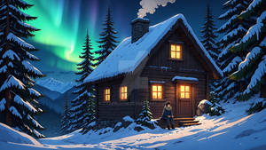 Northern Lights Above the Snowy Cabin
