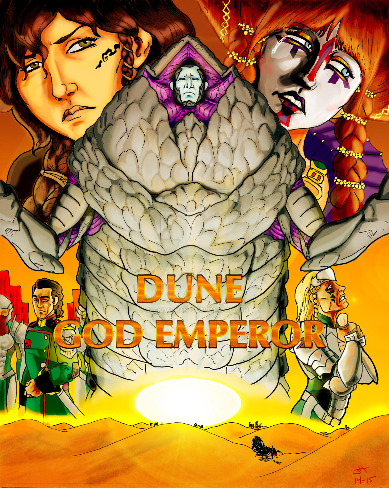 Dramatic painting of the God Emperor of Dune with threads connecting fate and his weary expression