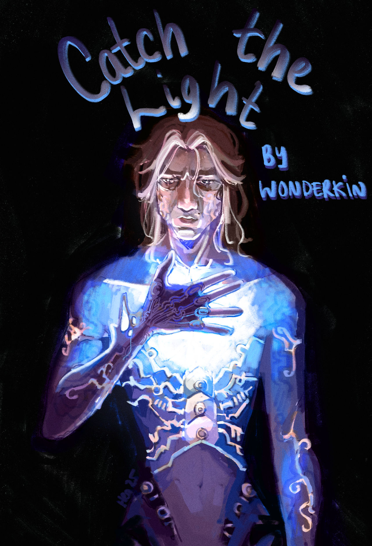 A digital painting of Viktor in his Herald form with long hair and a pained expression, bathed in glowing blue light emanating from his chest. One of his hands is held up to block the light, looking as if he is holding it inside his body. The background is a stark black, drawing focus to Viktor and his luminous features.