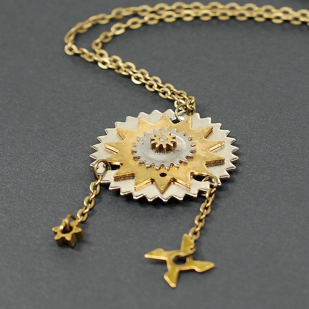 Steampunk Jewelry- Brass and Silver Gear Necklace