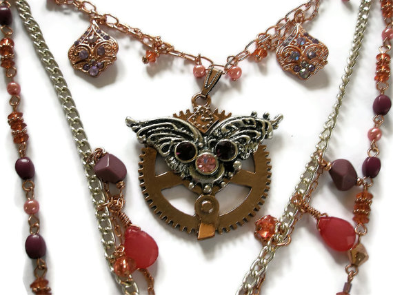 Steampunk jewelry necklace Multi strand wings char