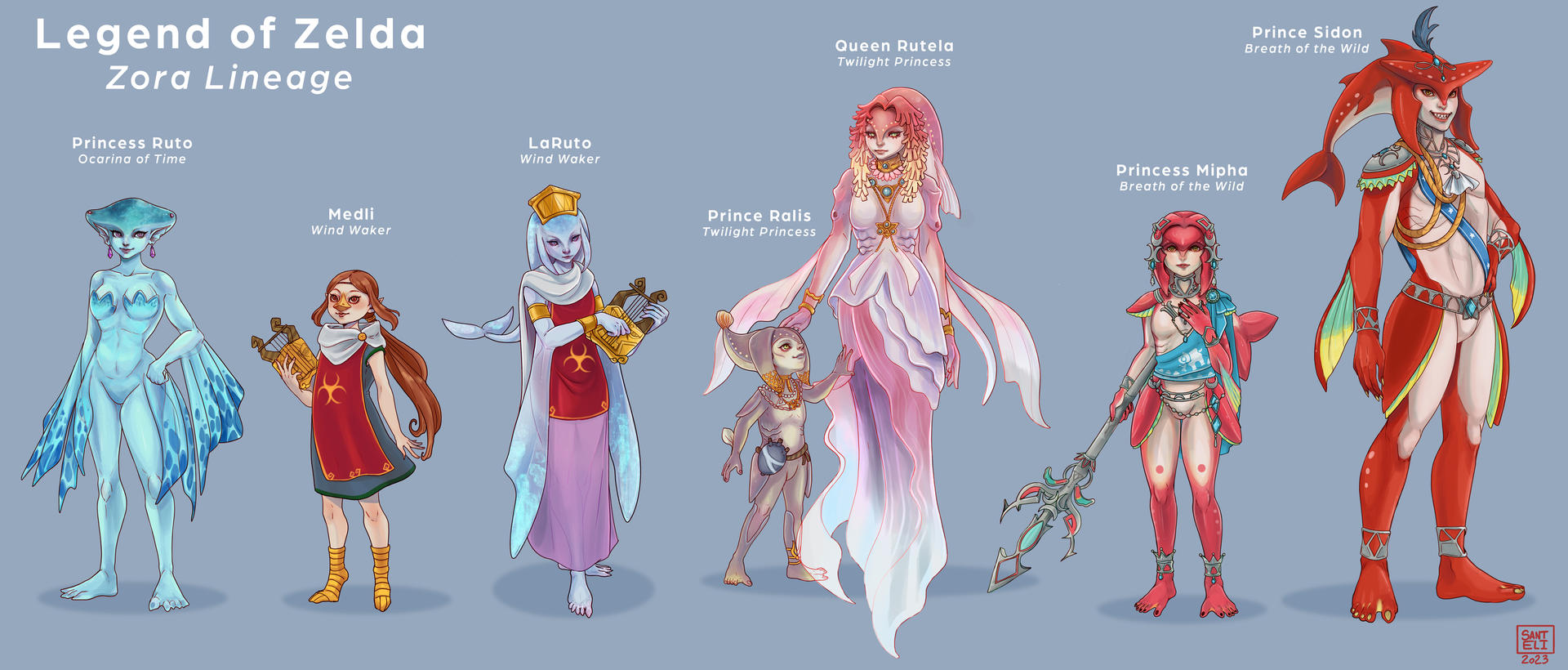Female Zora concepts from different regions of Hyrule.