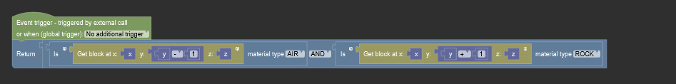 Make a condition procedure, that starts with light blue "return" block and then it checks if the block above is of rock material and if block below is of air material.