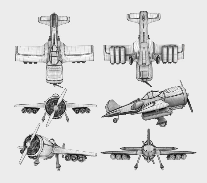 Wireframe renders of a dieselpunk airoplane