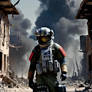 AI Soldier walking through a burned out town