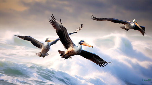 Pelicans Fly over a Rocky Shore 002