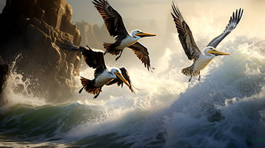 Pelicans Fly over a Rocky Shore 019