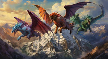 Colorful Dragons Fly Over Mountains 005 V2
