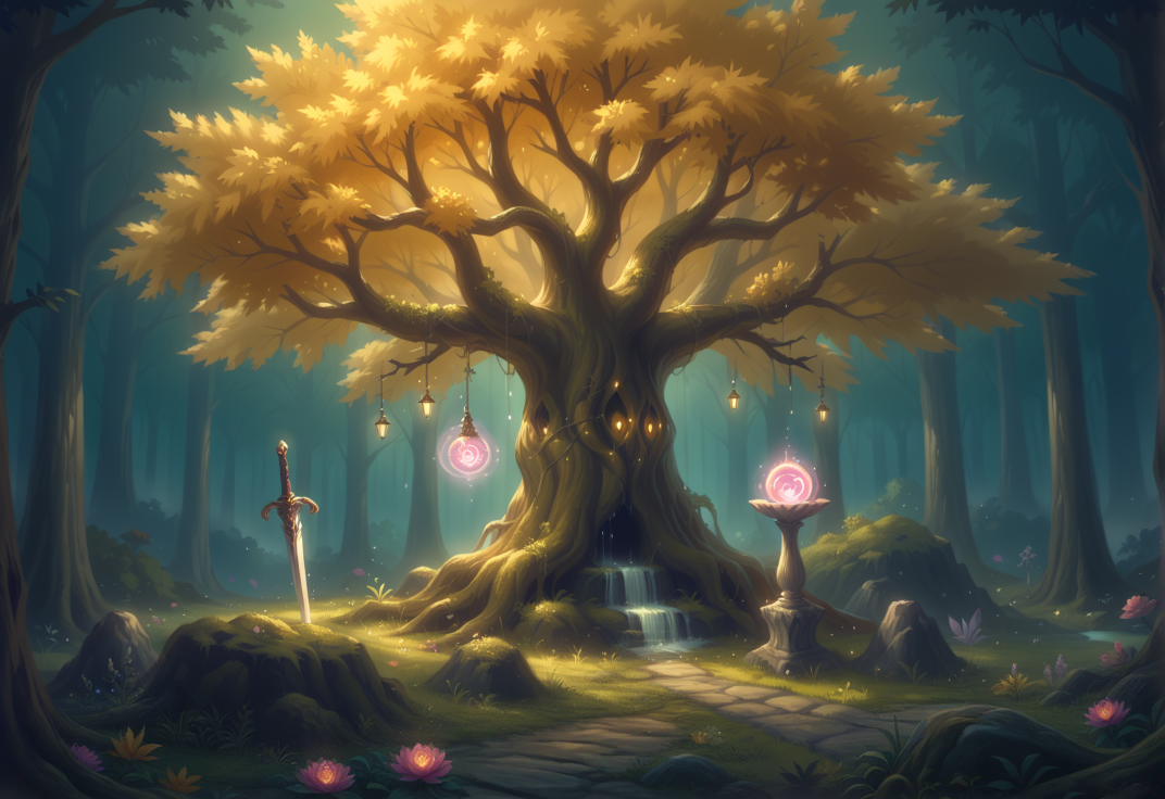 Enchanted Forest Clearing with Golden Tree