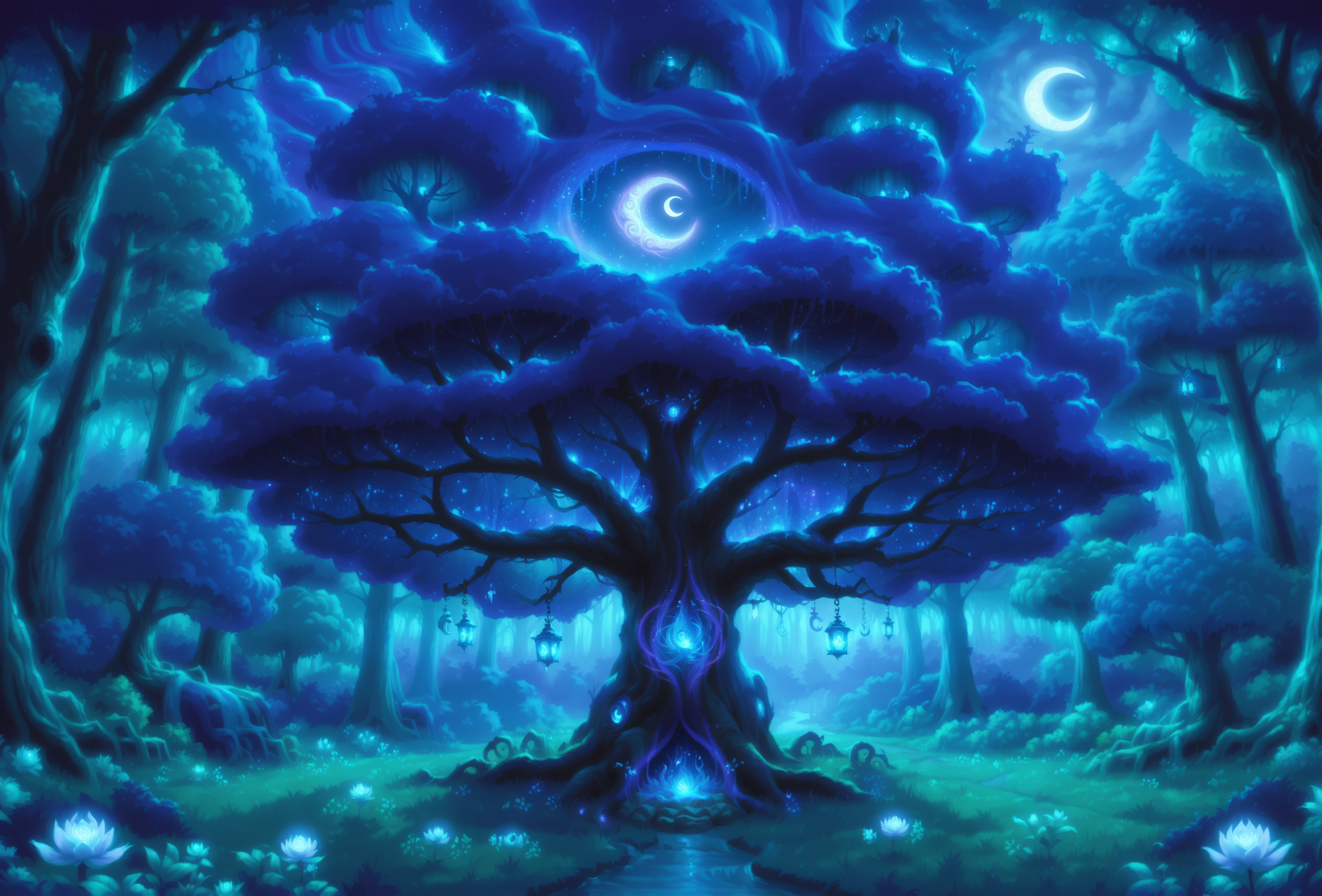 Enchanted Night Tree in Forest