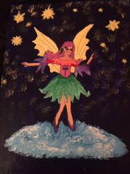 Pink hair fairy dancing on a cloud in starry sky 