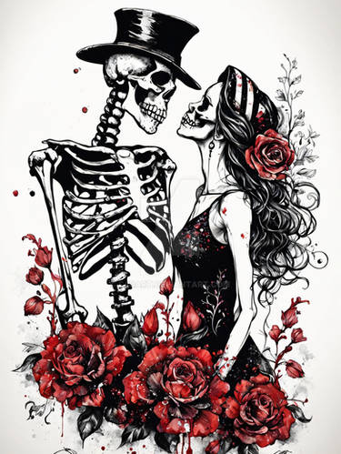 Floral Abstract Kissing Skeleton Lovers