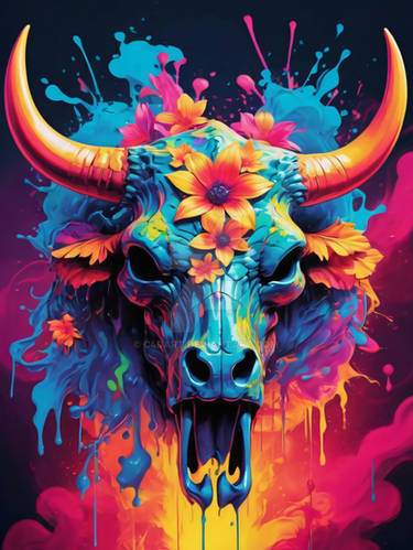 Floral Bull Skull Neon Iridescent Painting (12)