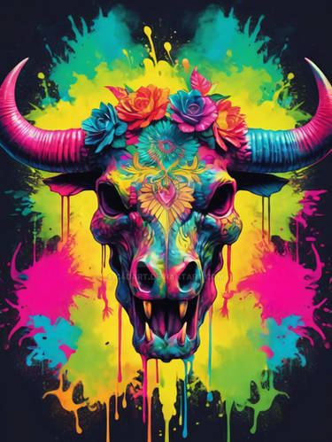 Floral Bull Skull Neon Iridescent Painting (1)