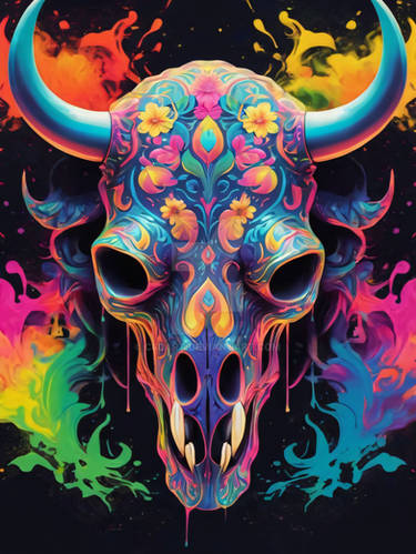 Floral Bull Skull Neon Iridescent Painting (5)