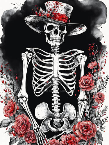 Floral Skeleton With Hat Ink Painting (10)