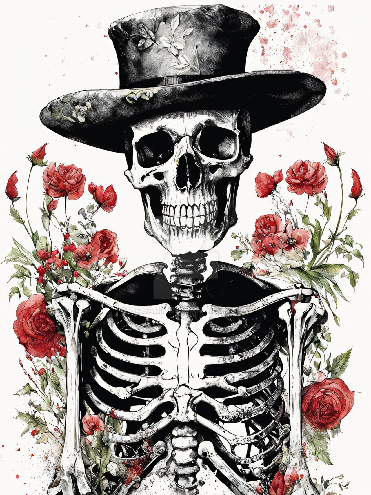 Floral Skeleton With Hat Ink Painting (15) by C4Dart on DeviantArt